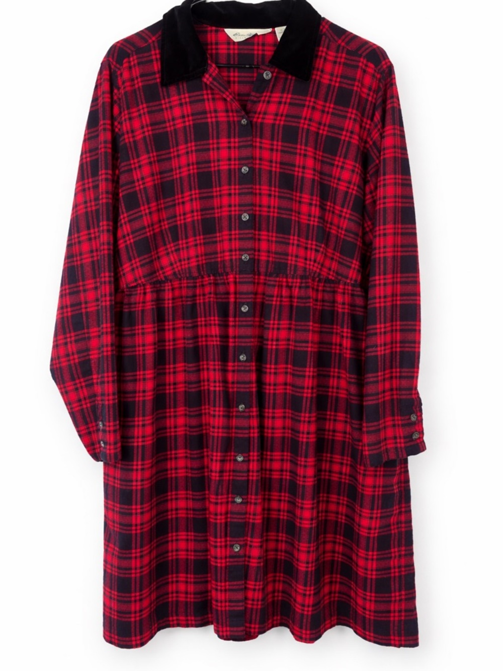 Eddie Bauer Red Black Plaid Babydoll Dress Large Cotton Long Sleeve